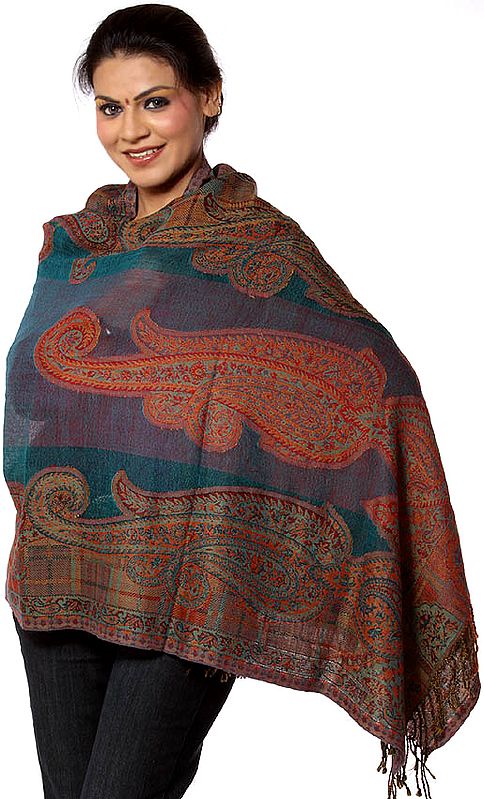 Multi-Color Jamawar Stole with Large Paisley