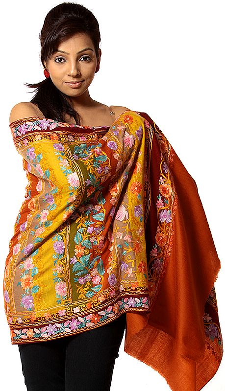 Multi-Color Jamdani Stole from Kashmir with Crewel Embroidered Flowers