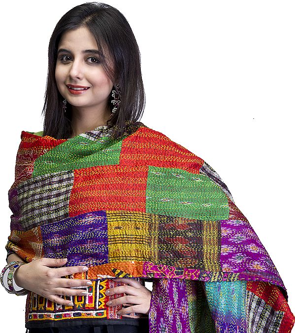 Multi-Color Kantha Embroidered Patchwork Scarf with Ikat Weave