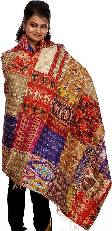 Multi-Color Kantha Stitch Shawl with Patch Work and Ikat Weave