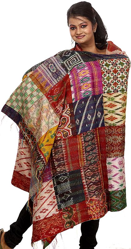 Multi-Color Patchwork Shawl from Kolkata with Kantha Stitched Embroidery