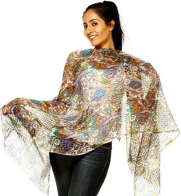 Multi-Color Peacock Printed Stole with Missing Checks in Weave