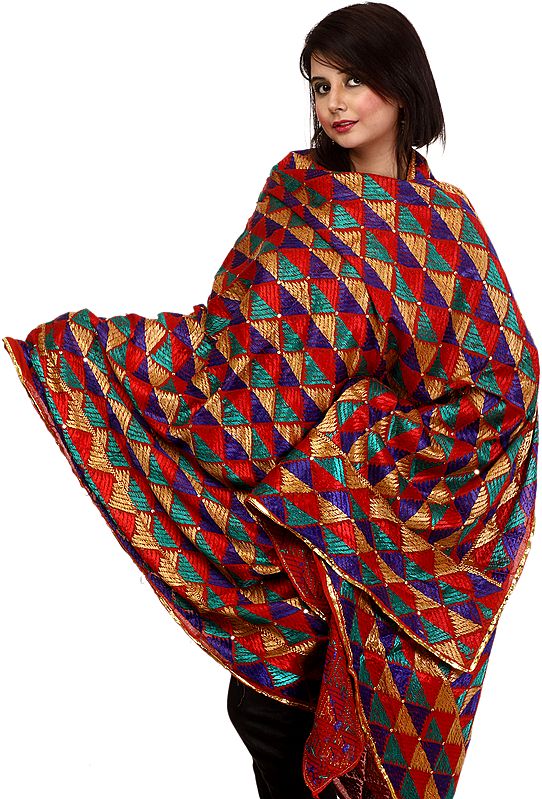 Multi-Color Phulkari Dupatta from Punjab with All-Over Hand-Embroidery