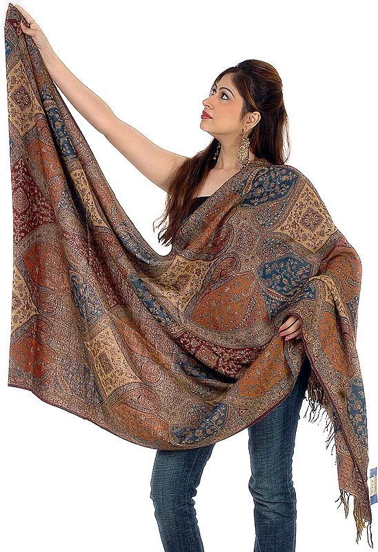 Multi-Color Reversible Jamawar Shawl with All-Over Weave