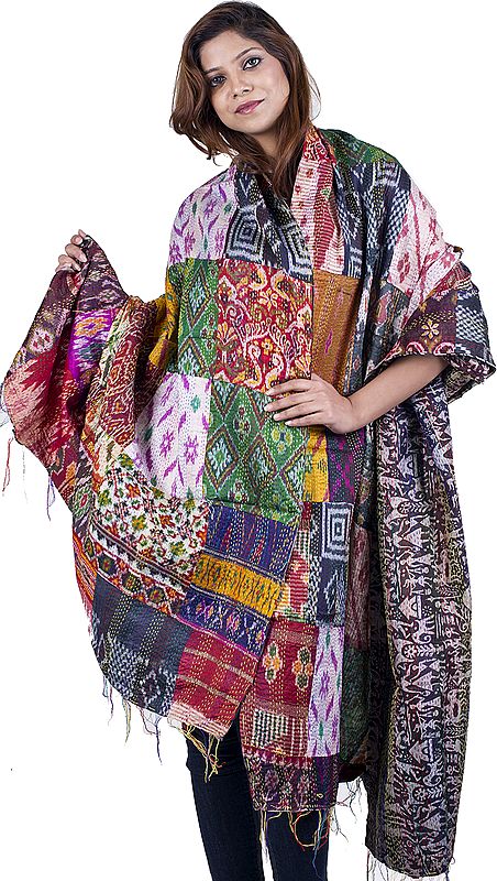 Multi-Color Reversible Patchwork Kantha Embroidered Shawl with Ikat Weave