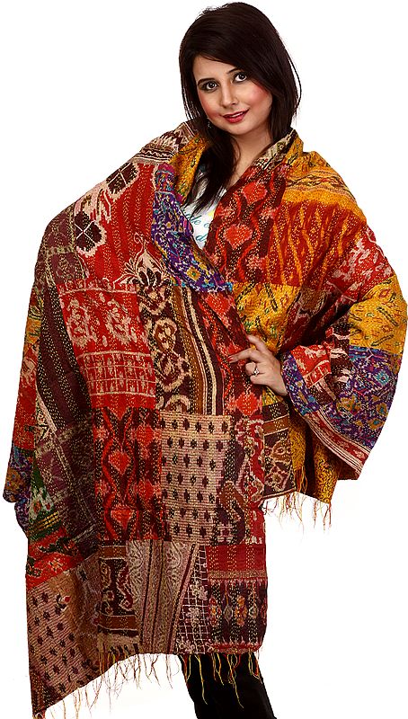 Multi-Color Reversible Shawl with Kantha Stitched Embroidery and Ikat Woven Patches
