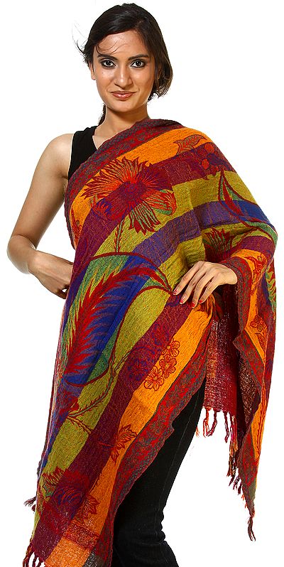 Multi-Color Reversible Stole with Hand Woven Flowers All-Over