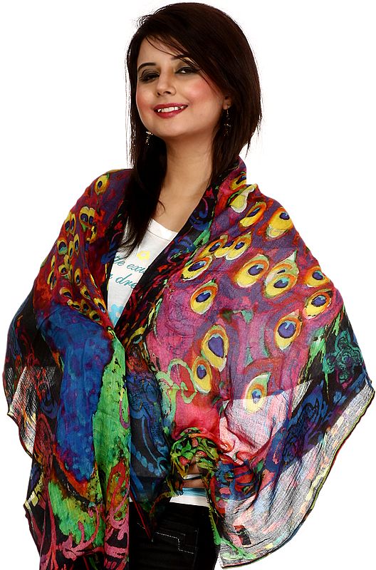 Multi-Color Stole with Printed Peacock Feather All-Over