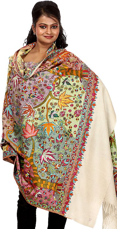 Multi-Color Superlative Pashmina Shawl from Kashmir With Densely Hand Embroidered Chinar Leaves and Flowers All-Over