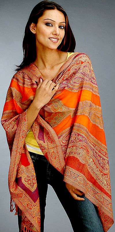 Multi-Colored Jamawar Shawl with Crystals
