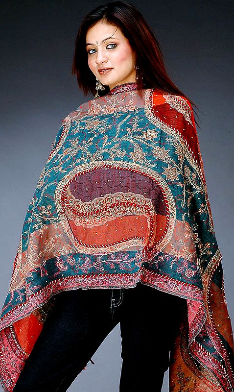Multi-Colored Jamawar Stole with Threadwork and Embroidery