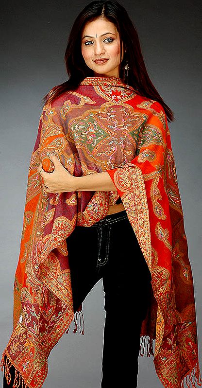 Multi-Colored Jamawar Stole with Threadwork and Embroidery