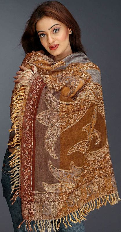 Mustard and Brown Jamawar Stole with Beadwork