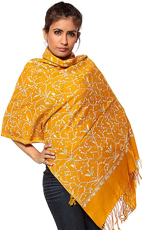 Mustard Aari Stole with Jaal Embroidery