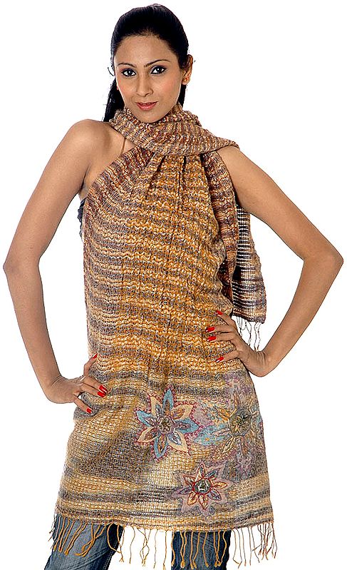 Mustard Boiled-Wool Jamawar Stole with Embroidered Flowers