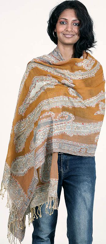 Mustard Jamawar Stole with All-Over Embroidery