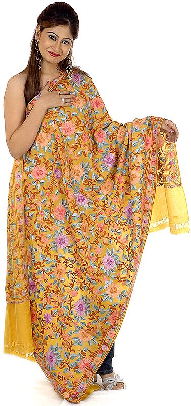 Mustard Jamdani Shawl from Kashmir with Crewel Embroidered Flowers