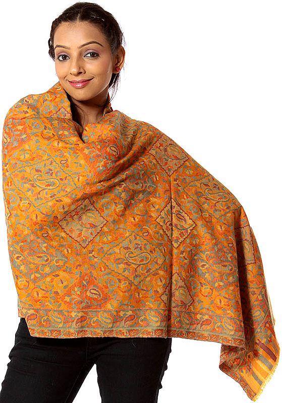 Mustard Kani Stole with Multi-Color Thread Weave All-Over