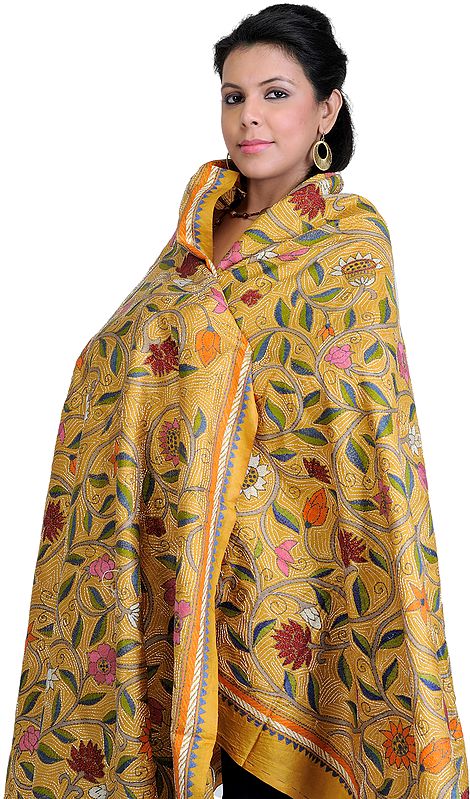 Mustard Kantha Dupatta with Hand-Embroidered Flowers in Multi-Color Thread