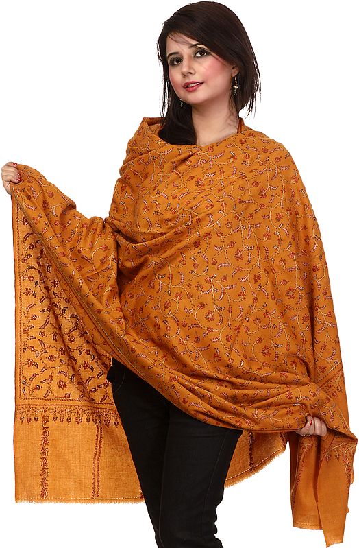 Mustard Pure Pashmina Shawl from Kashmir with Sozni Hand embroidered Flowers All-Over
