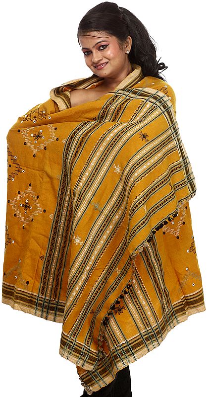 Mustard Shawl from Kutch with Embroidered Bootis and Mirrors