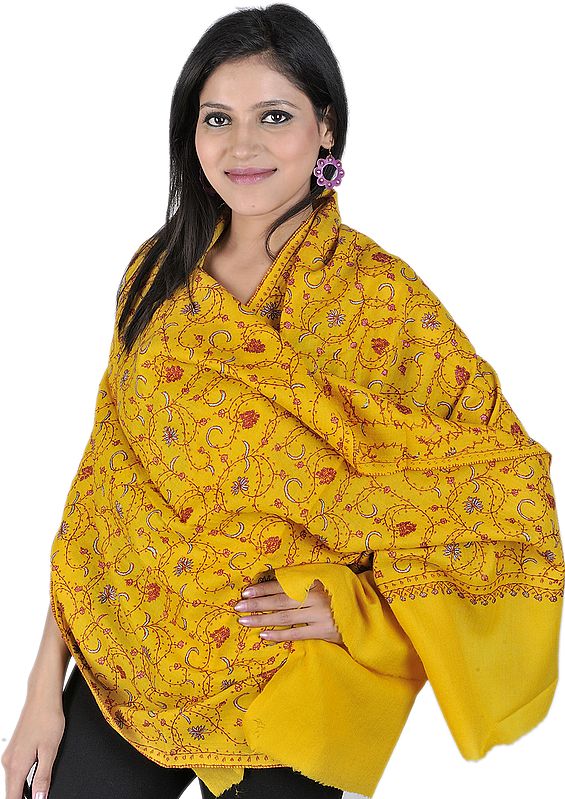 Mustard Tusha Stole Hand-Embroidered All-Over in Kashmir