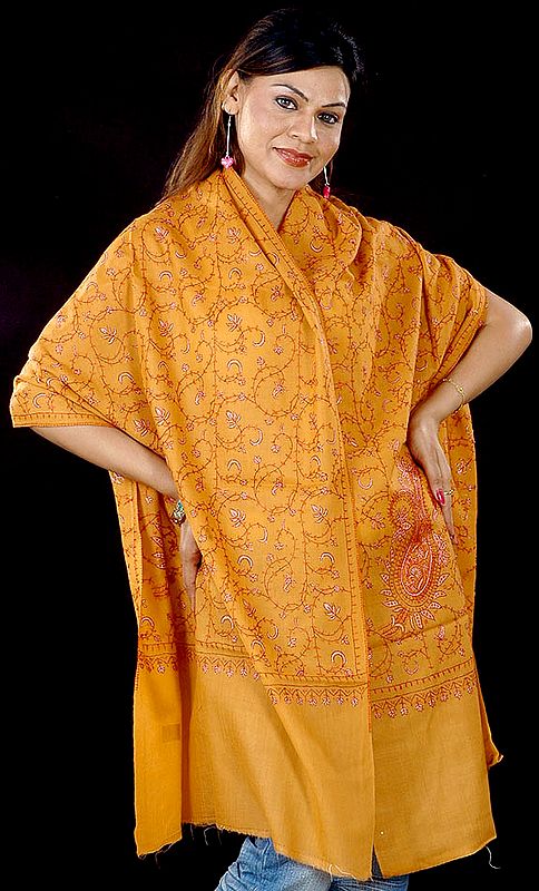 Mustard Tusha Stole with All-Over Sozni Embroidery
