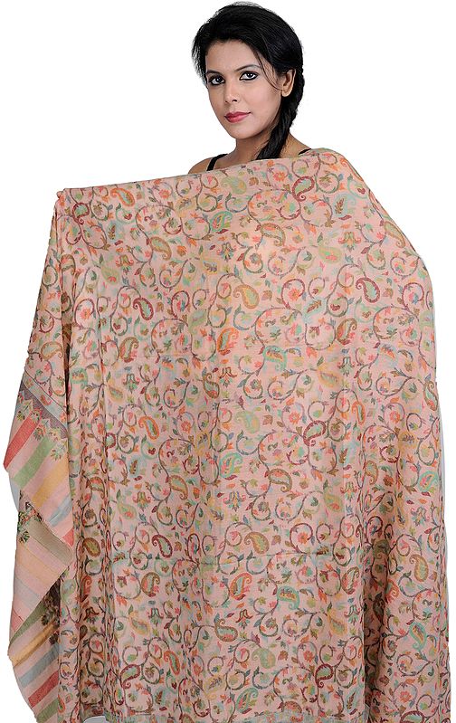 Muted-Clay Fine Kani Shawl with All-Over Woven Paisleys