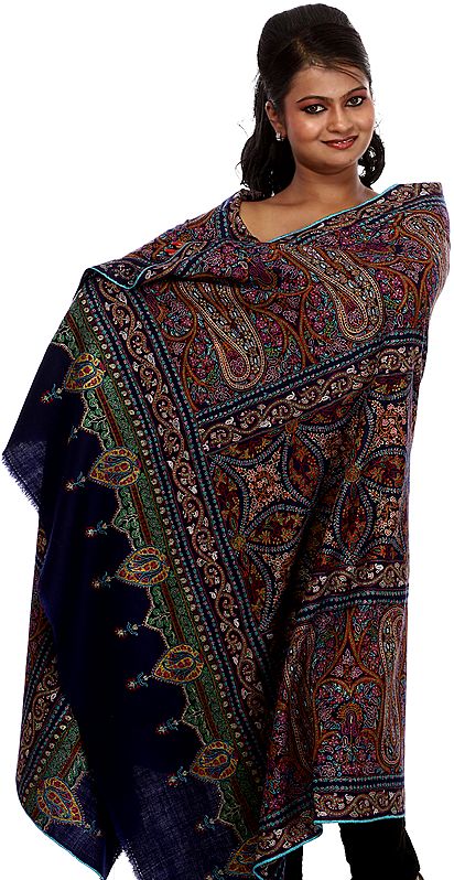 Navy Blue Pure Pashmina Shawl with Densely Hand-Embroidered Paisleys All-Over