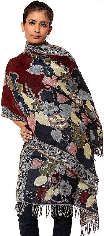 Navy-Blue Jamawar Stole with Woven Flowers