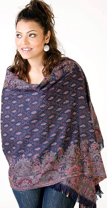 Navy-Blue Kani Stole with All-Over Woven Paisleys