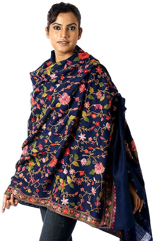 Navy-Blue Kashmiri Shawl with Crewel Embroidery All-Over