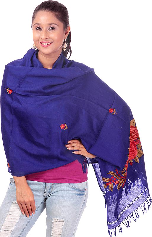 Navy-Blue Kashmiri Stole with Hand-Embroidered Flowers