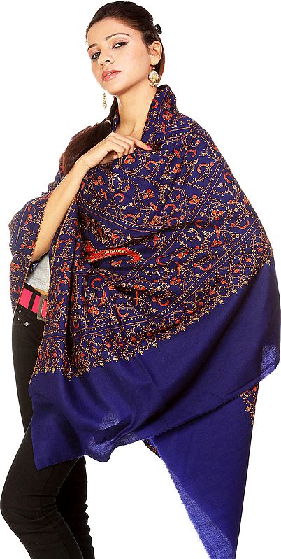 Navy-Blue Kashmiri Tusha Shawl with Jafreen Jaal Embroidery by Hand