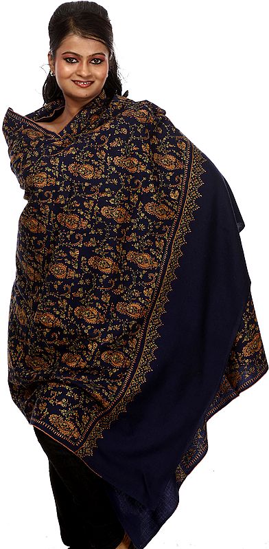 Navy-Blue Tusha Shawl from Kashmir with Sozni Embroidered Paisleys by Hand