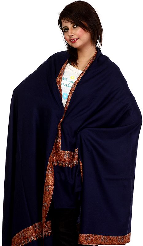 Navy-Blue Pure Pashmina Shawl from Kashmir with Hand-Embroidered Meenakari Border