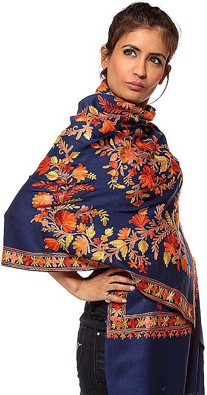 Navy-Blue Stole from Kashmir with Flowers Embroidered All-Over