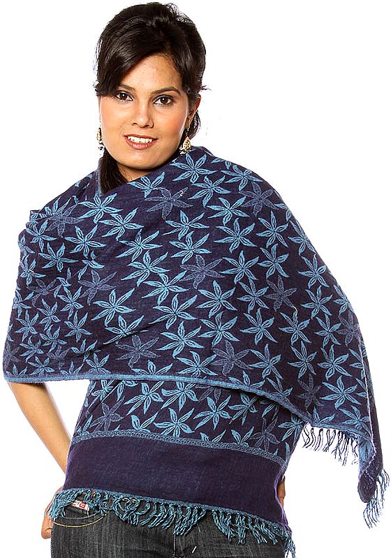 Navy-Blue Stole with Woven Flowers