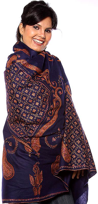 Navy-Blue Tusha Shawl with Needle Embroidered Paisleys and Jaal