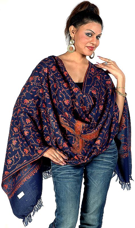 Navy-Blue Tusha Stole with All-Over Sozni Embroidery