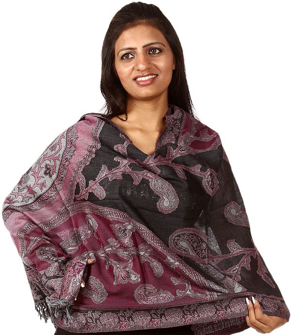 NightShadow-Blue and Bordeaux Reversible Jamawar Stole with Woven Paisleys
