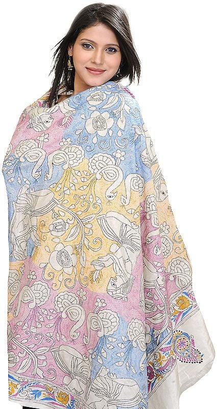 Off-White Kantha Dupatta with Embroidered Peacocks and Ladies