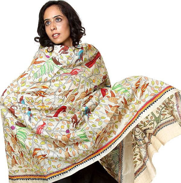 Off-White Shawl with Kantha Stitch Embroidered Birds by Hand