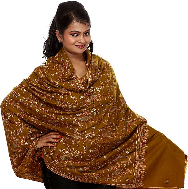 Olive-Green Pure Pashmina Shawl From Kashmir with Sozni Jaal Embroidery by Hand All-Over