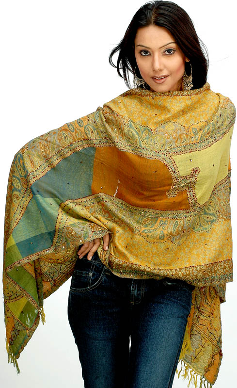 Orange and Green Jamawar Stole with Kantha Stitch and Sequins