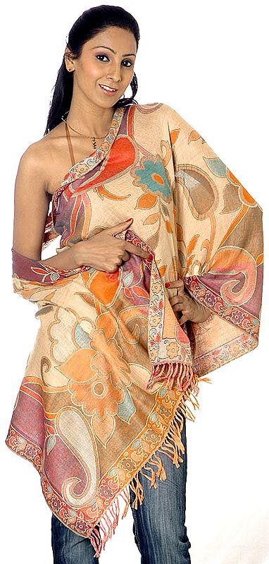 Orange and Peach Jamawar Stole with Flowers and Paisleys