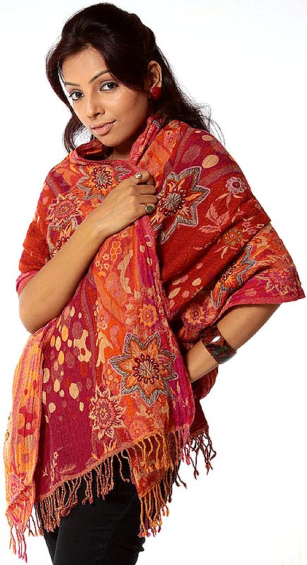 Orange and Purple Jamawar Stole with Embroidered Flowers at Ends