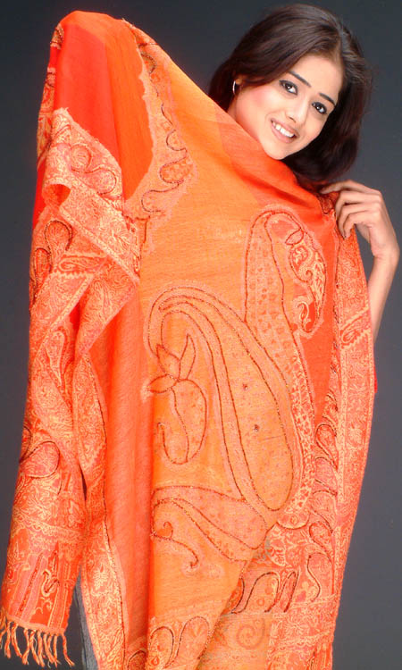 Orange and Red Jamawar Stole with Beadwork
