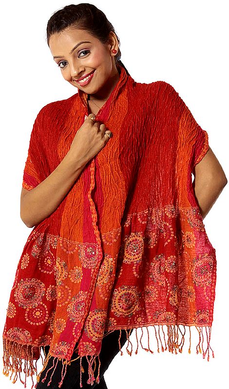 Orange and Red Jamawar Stole with Threadwork and Sequins