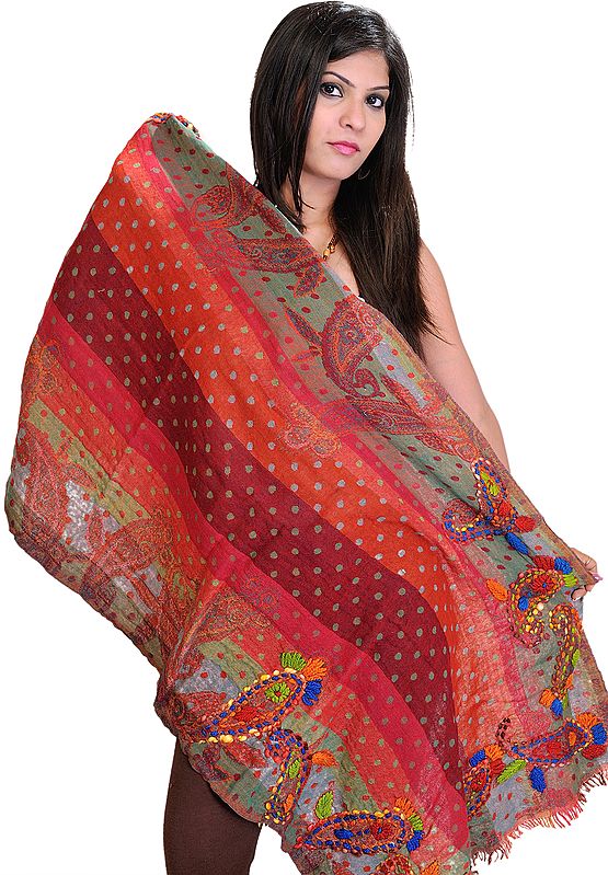 Orange and Rust Jamawar Stole with Crewel Embroidered Paisleys on Border